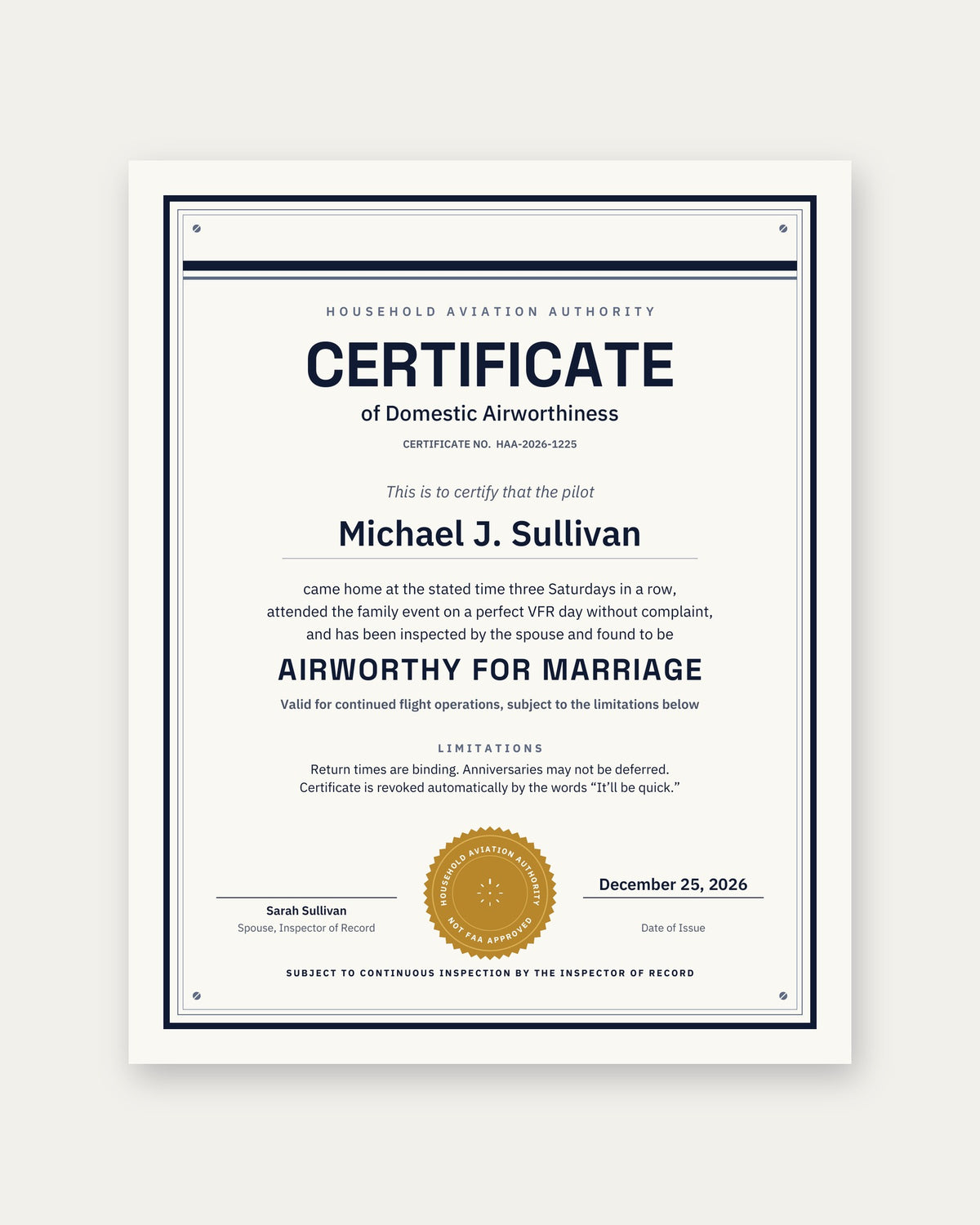 Certificate of Domestic Airworthiness (Personalized)