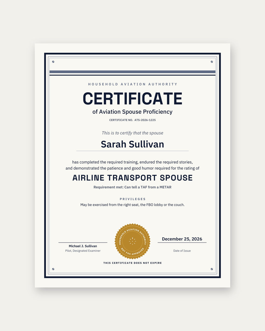 Certificate of Aviation Spouse Proficiency (Personalized)