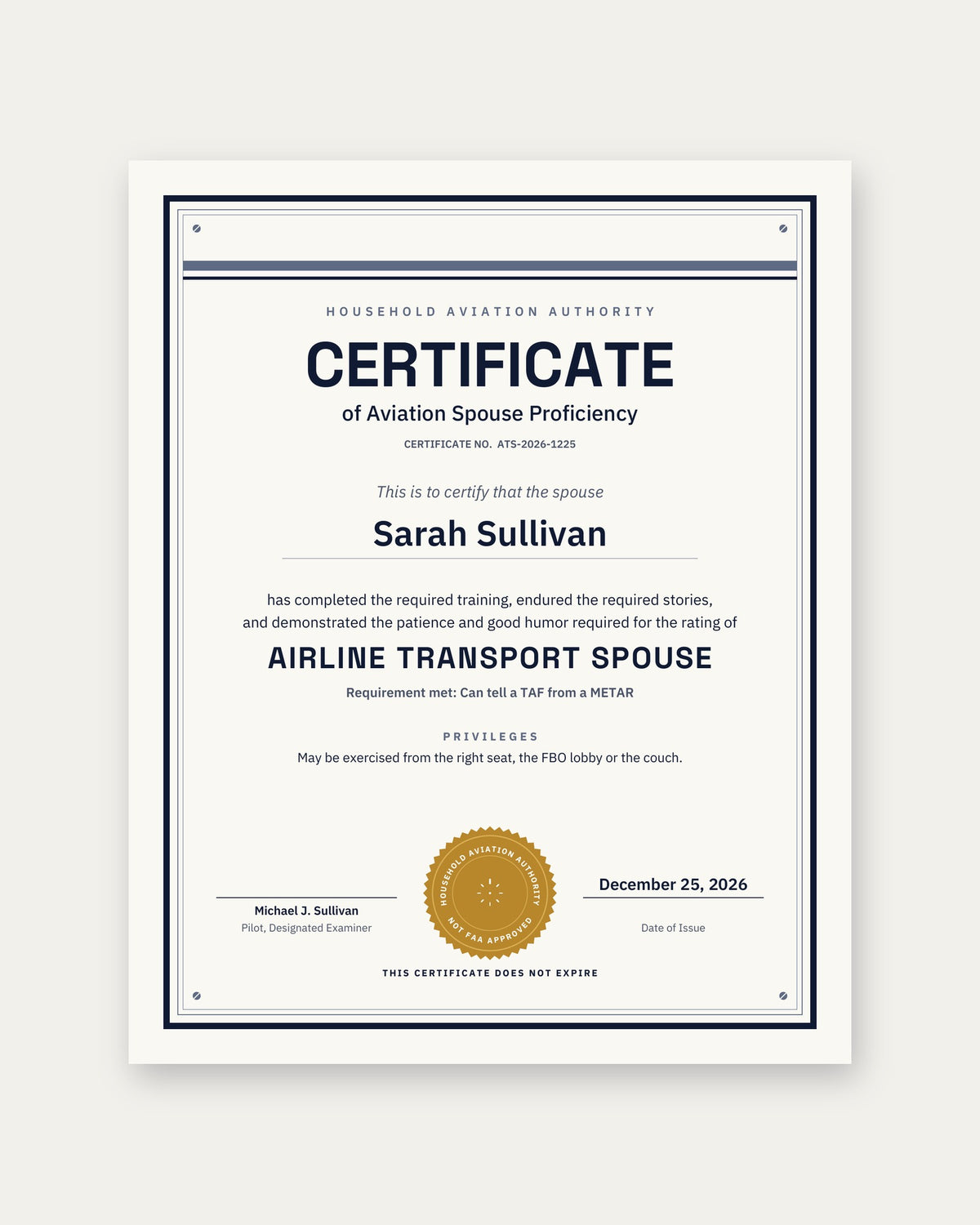 Certificate of Aviation Spouse Proficiency (Personalized)